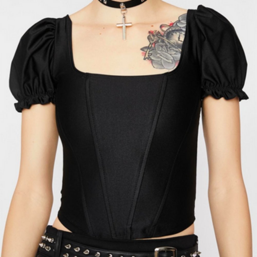 NWOT Puff Sleeve Black Satin Corset Crop Top